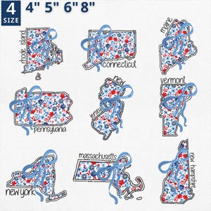 Appliques du 4 juillet de la carte de l'État du Nord-Est, carte de l'État du Nord-Est, broderie florale Coquette noeud papillon, contour de l'Ohio en toile à fleurs bleues