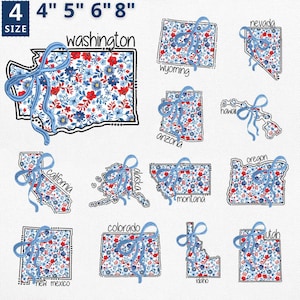 Appliqué du 4 juillet de la carte de l'État de 13 ans, carte de l'État de l'ouest en applique design coquette florale à broder, contour de l'Ohio en toile à fleurs bleues