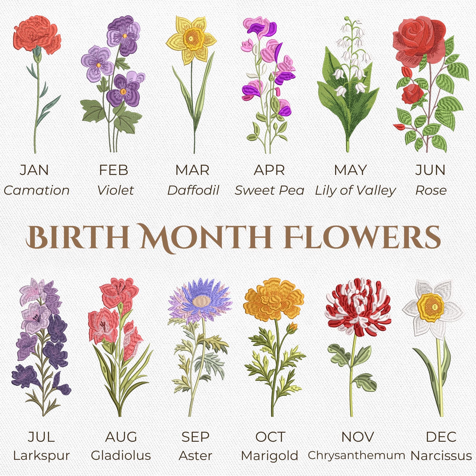 Birth Month Flowers Embroidery Bundle, 12 Month Floral Machine
