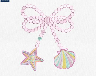 Kokette Muschel Perle Bogen Stickerei, Küsten Muschel Seestern Stickerei, Preppy Sommer Vibes Rosa Muschel Maschinendatei, Sofort Download