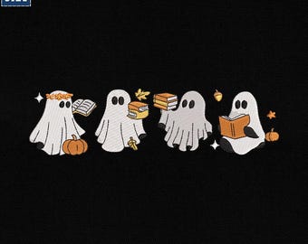 Diseño de bordado de fantasma leyendo un libro, archivo de bordado a máquina de libros fantasma para Halloween, diseño de fantasma para Halloween, amante de los libros, descarga instantánea.