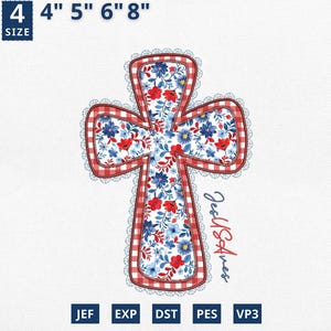 May include: A decorative cross design with a red and white gingham border and a floral pattern in the center. The cross is adorned with blue and red flowers and the text "Jesus Saves". Available in 4", 5", 6", and 8" sizes.