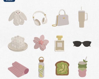 Mini Clean Girl Aesthetic Icons Embroidery Bundle, That Girl Wellness Machine File, Pilates Matcha Latte Neutral File, Instant Download