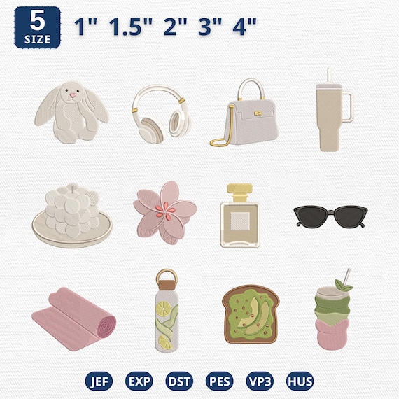 Mini Clean Girl Aesthetic Icons Embroidery Bundle, That Girl Wellness Machine File, Pilates Matcha Latte Neutral File, Instant Download
