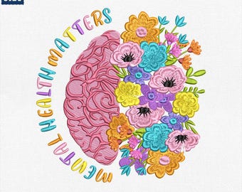 Bordado sobre questões de saúde mental, arquivo de máquina com caveira e meio cérebro, citações positivas e afirmações florais, design de meio cérebro com amor próprio
