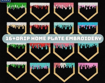 16 diseños de bordado de plato de béisbol con efecto gofre, bordado de plato de béisbol con efecto goteo, diseño de béisbol para el hogar, goteo de helado, helado de béisbol con efecto goteo