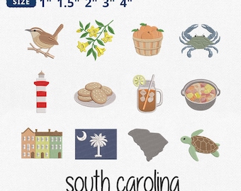 Mini South Carolina Embroidery Bundle, Sweet Tea Blue Crab Carolina Wren Peach Embroidery, State Map Palmetto Machine File, Instant Download