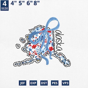 Carte de l'état 4 juillet appliques, broderie d'état coquette florale Alaska Applique Design, toile florale bleue Alaska contour design