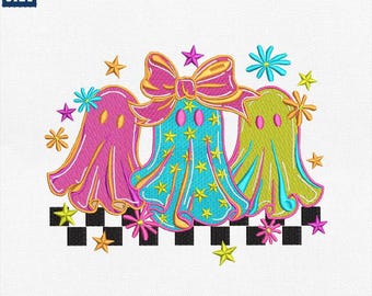 Halloween Neon Ghost Embroidery Design, Boo Ghost Coquette Bow Machine File, Halloween Sublimation Design, Spooky Season, Instant Download