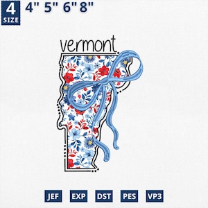 Aplique del mapa estatal del 4 de julio, diseño de aplique floral de Vermont con bordado estatal, diseño de contorno de Vermont con estampado floral azul de Toile
