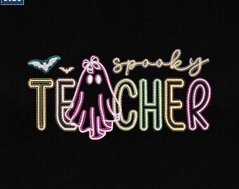May include: Black fabric with a Halloween-themed design. The design features the words "spooky TEACHER" in a colorful, outlined font, with a ghost and bats. The size is 4" to 8".