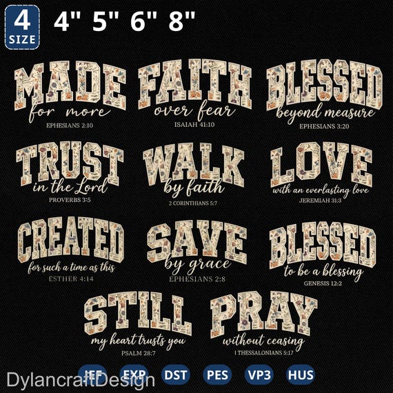 Christian Bible Verse Appliqué Embroidery Bundle, Inspirational Quote Embroidery Pattern, Religious Faith Machine File, Instant Download