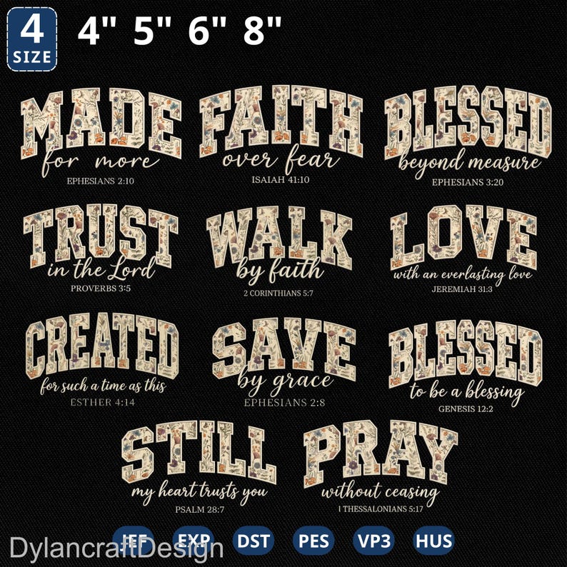 Christian Bible Verse Appliqué Embroidery Bundle, Inspirational Quote Embroidery Pattern, Religious Faith Machine File, Instant Download image 1