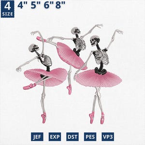 Halloween Dancing Skeleton Embroidery Design, Girly Skeleton Ballerina Machine Embroidery File, Halloween Ballet Trio File, Instant Download