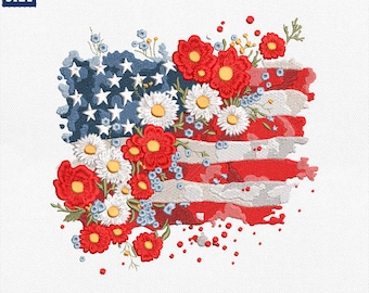 アメリカ国旗の花柄刺繍デザイン、7月4日国旗USAミシンファイル、愛国