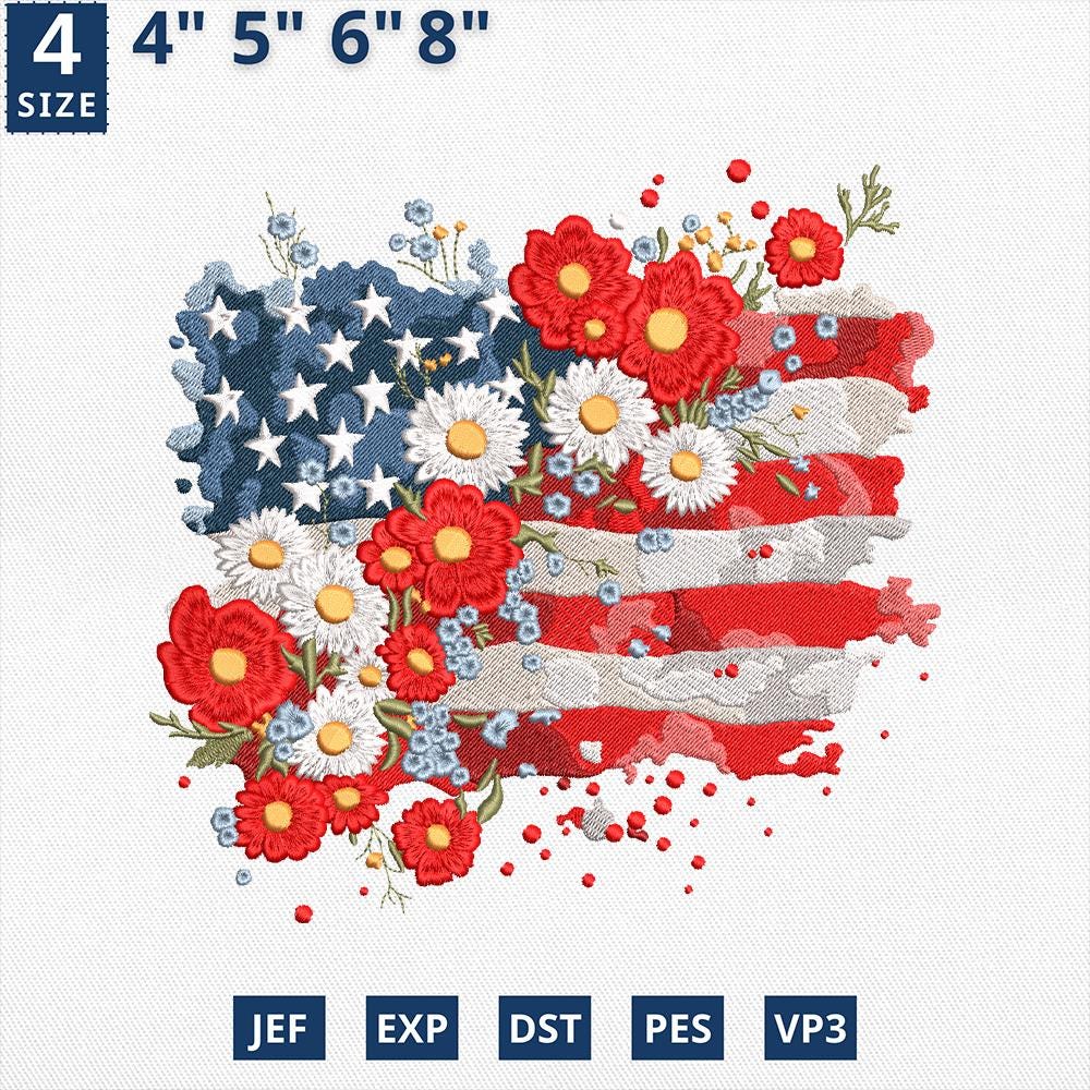 アメリカ国旗の花柄刺繍デザイン、7月4日国旗USAミシンファイル、愛国
