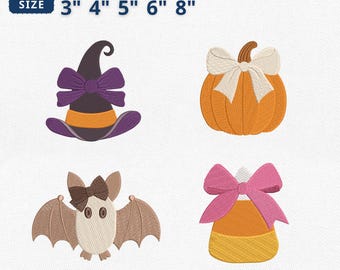 4 Halloween Coquette Bow Embroidery Bundle, Spooky Witch Hat, Pumpkin, Bat, Candy Embroidery, Spooky Season Machine File, Instant Download