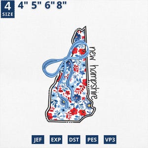 Carte de l'État appliquée le 4 juillet, broderie d'État coquette florale New Hampshire, toile florale bleue New Hampshire contour Design