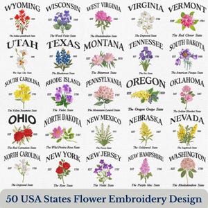 Puede incluir: Diseño de bordado detallado con las flores de los 50 estados de EE. UU. Cada estado está representado con su flor, nombre y año de establecimiento. El diseño incluye flores como la rosa, la violeta y la cornejo.