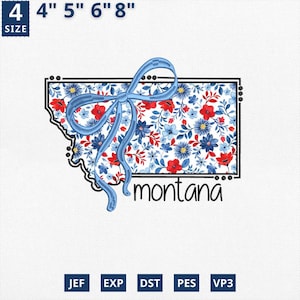 Aplique del 4 de julio con el mapa del estado, diseño de aplique floral de Montana con bordado estatal, diseño de contorno de Montana con estampado floral azul de Toile