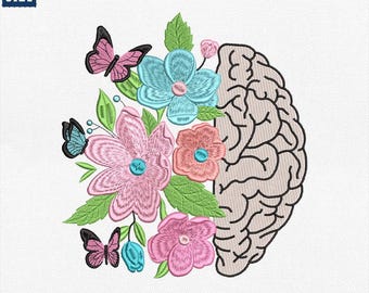 Bordado sobre questões de saúde mental, arquivo de máquina com caveira e meio cérebro, citações positivas e afirmações florais, design de meio cérebro com amor próprio