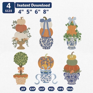 Pumpkin Topiary Embroidery Bundle, Chinoiserie Autumn Pumpkin Stack with Bow Embroidery File, Fall Harvest Machine File, Instant Download