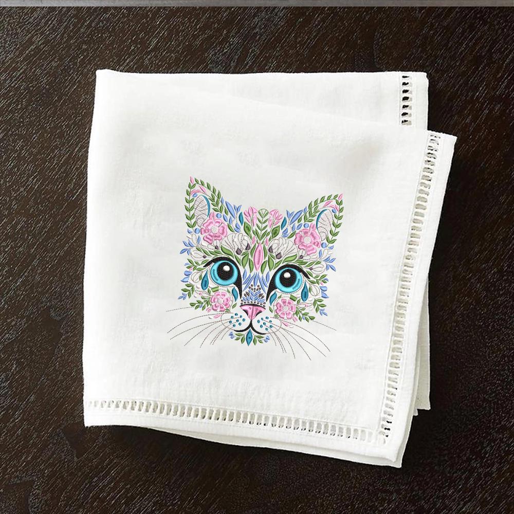 花柄猫の顔刺繍デザイン、野花猫のミシンファイル、植物動物のステッチ