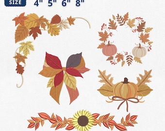 Elegant Fall Leaves Embroidery Bundle, Autumn Pumpkin Wreath Embroidery, Sunflower Border Machine File, Fall Coquette File, Instant Download