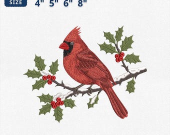 Christmas Cardinal Embroidery Design, Snowy Branch Holly Berry Embroidery, Cardinal Memorial Machine File,  Remembrance, Instant Download