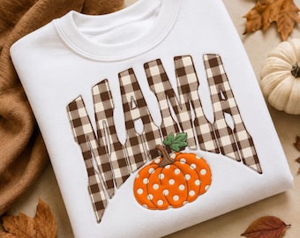 Mama Pumpkin Applique Embroidery Design, Fall Mama Embroidery File, Gingham Mama Machine File, Pumpkin Season Design, Instant Download