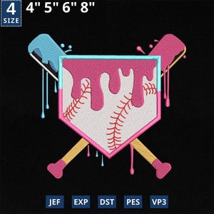 May include: A pink and blue baseball-themed embroidery design with two crossed bats and a home plate with a baseball inside. The design is dripping with pink and blue paint. The design is available in four sizes: 4 inches, 5 inches, 6 inches, and 8 inches.