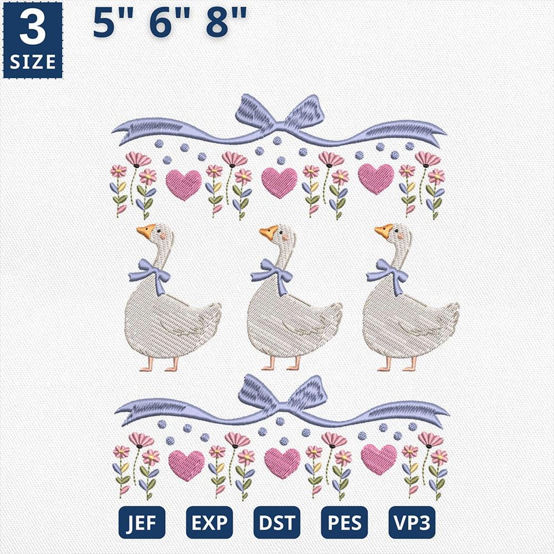 Blue Ribbon Goose With Hearts Embroidery, Mama Goose With Baby Geese ...