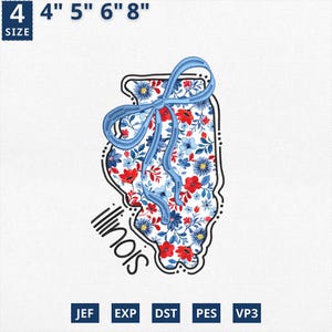 Carte de l'État du 4 juillet appliqué, broderie d'État coquette florale Illinois applique design, toile florale bleue Illinois contour design