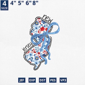 Carte de l'État appliquée le 4 juillet, broderie d'État coquette florale du New Jersey appliques, motif floral bleu du New Jersey en toile