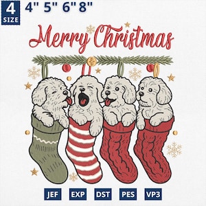 May include: Embroidered Christmas design with four white dogs in festive stockings. The stockings are red, green, and red and white striped. The words "Merry Christmas" are in red script above the dogs. The design size is 10 cm x 20 cm.