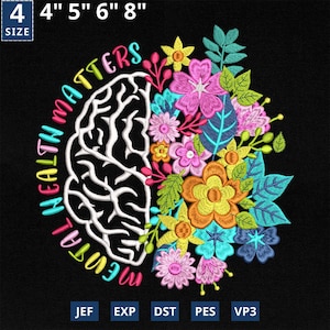 May include: An embroidered design on black fabric features a white brain graphic on the left and colorful flowers on the right. The words "MENTAL HEALTH MATTERS" are in a rainbow arc around the brain. Sizes available: 4", 5", 6", and 8".