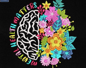 Bordado "Saúde Mental Importa", Arquivo para Máquina de Bordado com Caveira Meio Cérebro Meio Flor, Frase Positiva com Afirmações Florais, Design de Amor Próprio com Metade do Cérebro