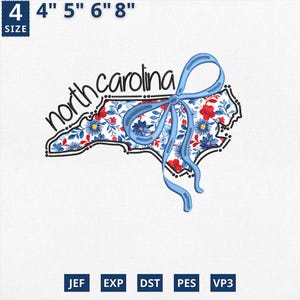 Carte de l'État appliqué le 4 juillet, broderie d'État coquette florale Caroline du Nord, toile florale bleue Caroline du Nord contours