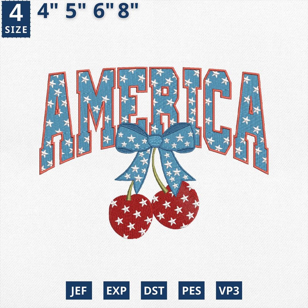 アメリカチェリー刺繍デザイン、コケットチェリーボウ刺繍、独立記念日