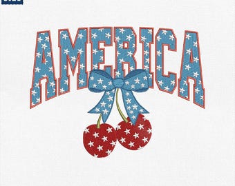 アメリカチェリー刺繍デザイン、コケットチェリーボウ刺繍、独立記念日