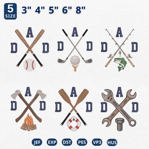 Fathers Day Dad Hobby Bundle Embroidery Design, Crossed Baseball Golf Fishing Embroidery File, Mechanic Dad Machine File, Instant Download