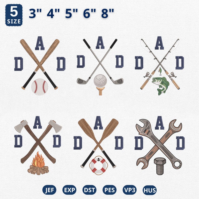 May include: Embroidered designs featuring crossed sports equipment and tools, with the word "DAD" in navy blue. Designs include baseball bats and ball, golf clubs and ball, fishing rods and fish, axes and campfire, oars and life preserver, and wrenches and bolt. Sizes range from 3" to 8".