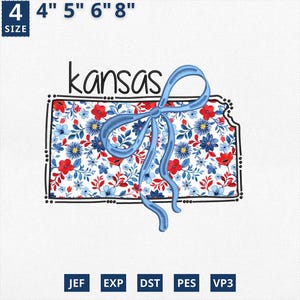Carte de l'État du 4 juillet appliques, broderie d'État coquette florale Kansas appliques, toile florale bleue Kansas contour Design