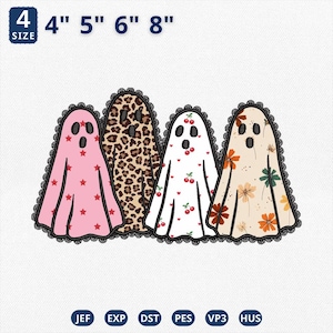 May include: An embroidery design featuring four ghost figures with black lace trim. The ghosts have patterns of pink stars, brown leopard print, red cherries, and orange flowers. Text at the top reads 4 SIZE 4" 5" 6" 8". File formats JEF, EXP, DST, PES, VP3, HUS are listed.