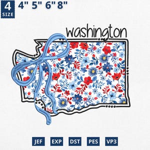 Carte de l'État du 4 juillet appliqué, broderie d'État coquette florale Washington applique design, toile florale bleu Washington contour design