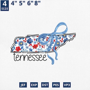 Carte de l'État appliqué le 4 juillet, broderie d'État coquette florale Tennessee applique design, motif floral bleu toile Tennessee contour