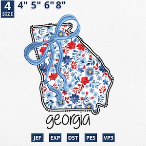 Carte de l'État du 4 juillet appliqué, broderie d'État coquette florale Géorgie applique design, broderie contour Géorgie toile floral bleu