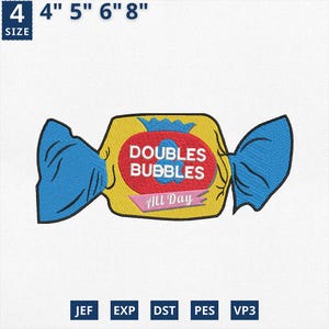 Könnte beinhalten: Gesticktes Design eines Bonbonpapiers mit dem Text "DOUBLES BUBBLES All Day". Die Verpackung ist gelb mit einem roten Mittelteil und blauen Enden. Die Größe beträgt 10 cm, 13 cm, 15 cm und 20 cm.
