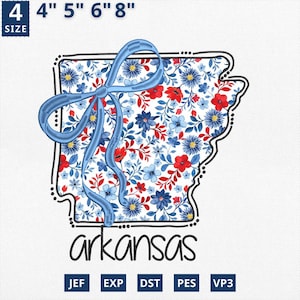 Carte de l'État du 4 juillet appliqué, broderie d'État coquette florale Arkansas applique design, motif floral bleu toile Arkansas contour