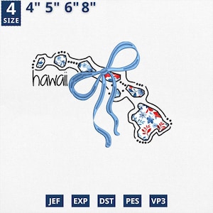 Carte de l'État appliqué le 4 juillet, broderie d'État coquette florale Hawaii applique design, toile florale bleue Hawaii contour design